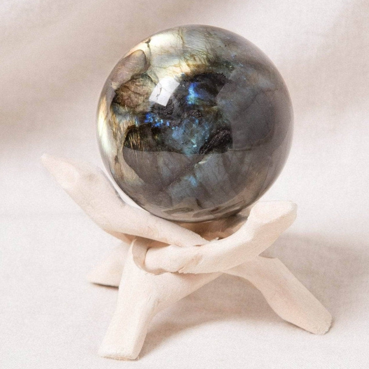 Labradorite Blue Flame Sphere with Tripod Labradorite Blue Flame Sphere with Tripod