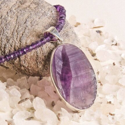 Large Oval Natural Amethyst Pendant Beaded Necklace