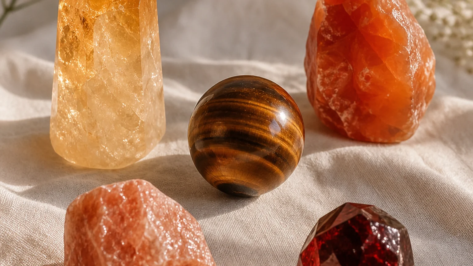 Five healing crystals for angel number 1 — Citrine, Carnelian, Tiger Eye, Sunstone, Garnet — arranged in a balanced sacred geometry composition on a soft cloth, warm natural light, calm muted background with subtle floral accents, editorial crystal photography, no text