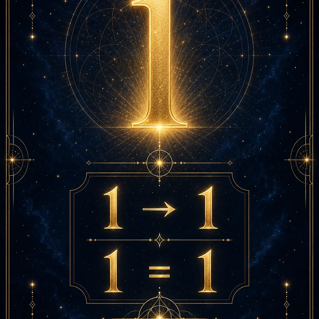 A clean numerology breakdown infographic for angel number 1: showing 1 reducing to the single digit 1, the number 1 displayed prominently at top in elegant golden typography with reduction steps below, minimalist sacred geometry frame, deep indigo background with gold accents, spiritual educational diagram style