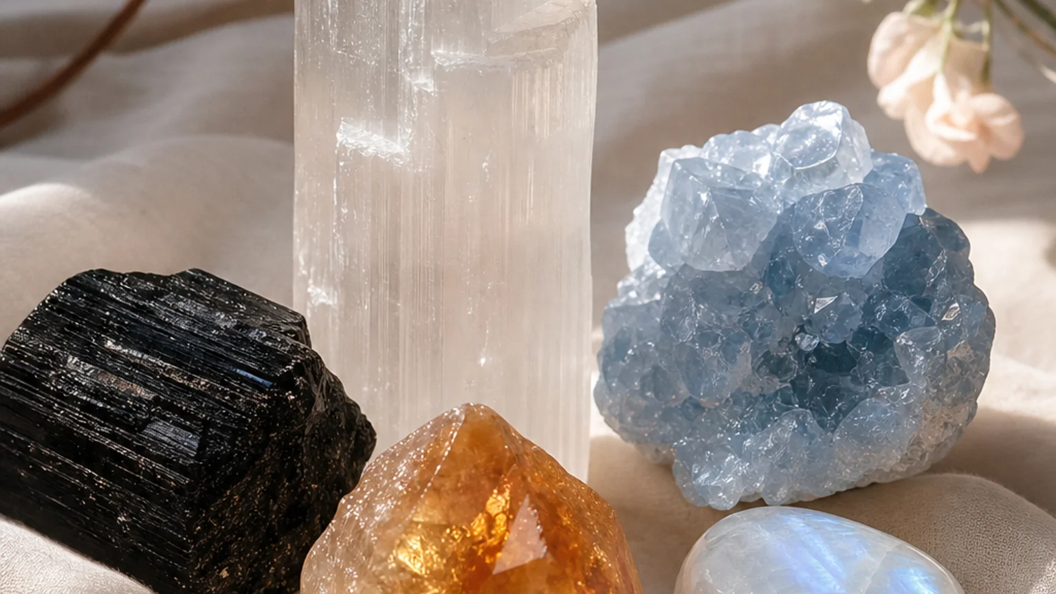 Five healing crystals for angel number 1010 — Selenite, Celestite, Black Tourmaline, Citrine, Moonstone — arranged in a balanced sacred geometry composition on a soft cloth, warm natural light, calm muted background with subtle floral accents, editorial crystal photography, no text