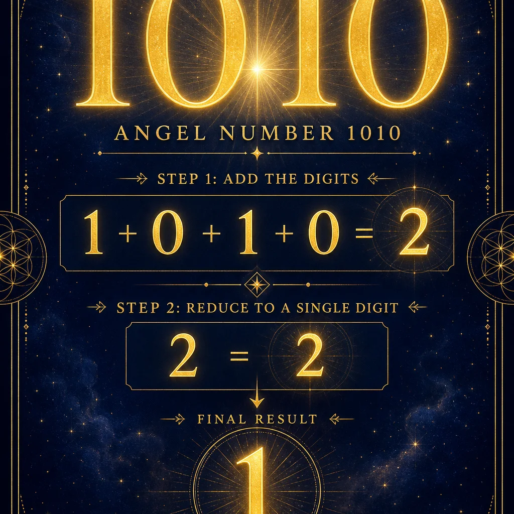 A clean numerology breakdown infographic for angel number 1010: showing 1+0+1+0=2 reducing to the single digit 1, the number 1010 displayed prominently at top in elegant golden typography with reduction steps below, minimalist sacred geometry frame, deep indigo background with gold accents, spiritual educational diagram style