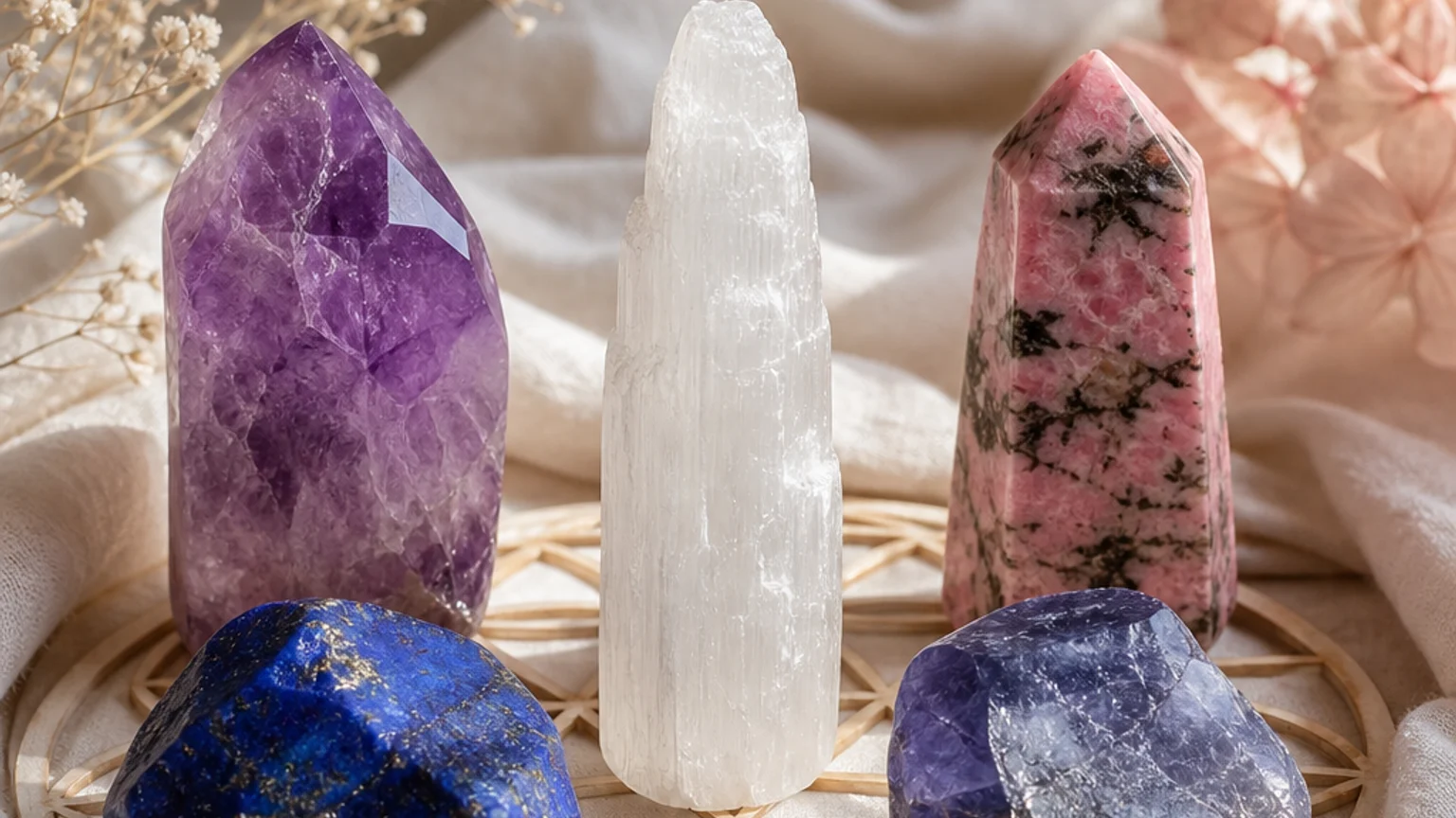Five healing crystals for angel number 11 — Amethyst, Rhodonite, Selenite, Lapis Lazuli, Iolite — arranged in a balanced sacred geometry composition on a soft cloth, warm natural light, calm muted background with subtle floral accents, editorial crystal photography, no text