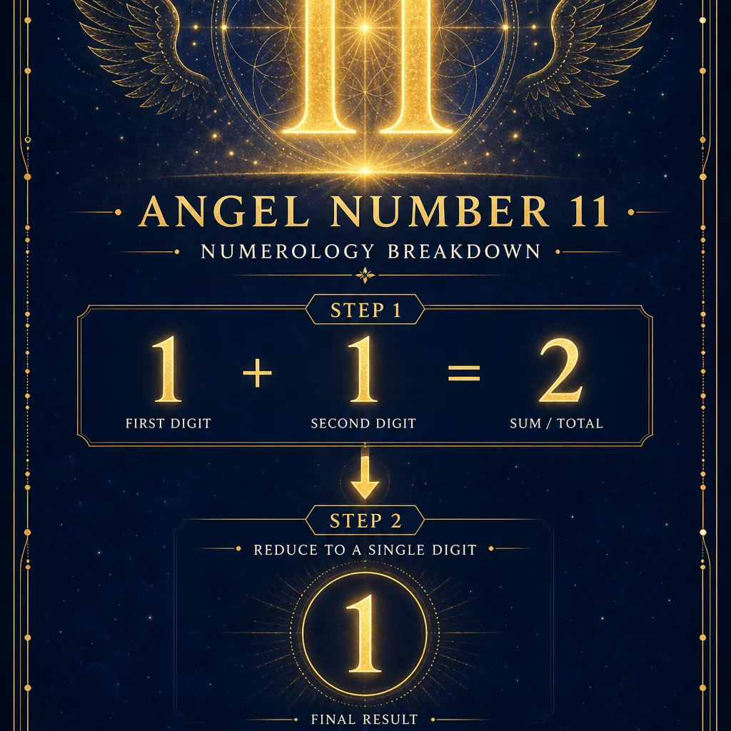 A clean numerology breakdown infographic for angel number 11: showing 1+1=2 reducing to the single digit 1, the number 11 displayed prominently at top in elegant golden typography with reduction steps below, minimalist sacred geometry frame, deep indigo background with gold accents, spiritual educational diagram style