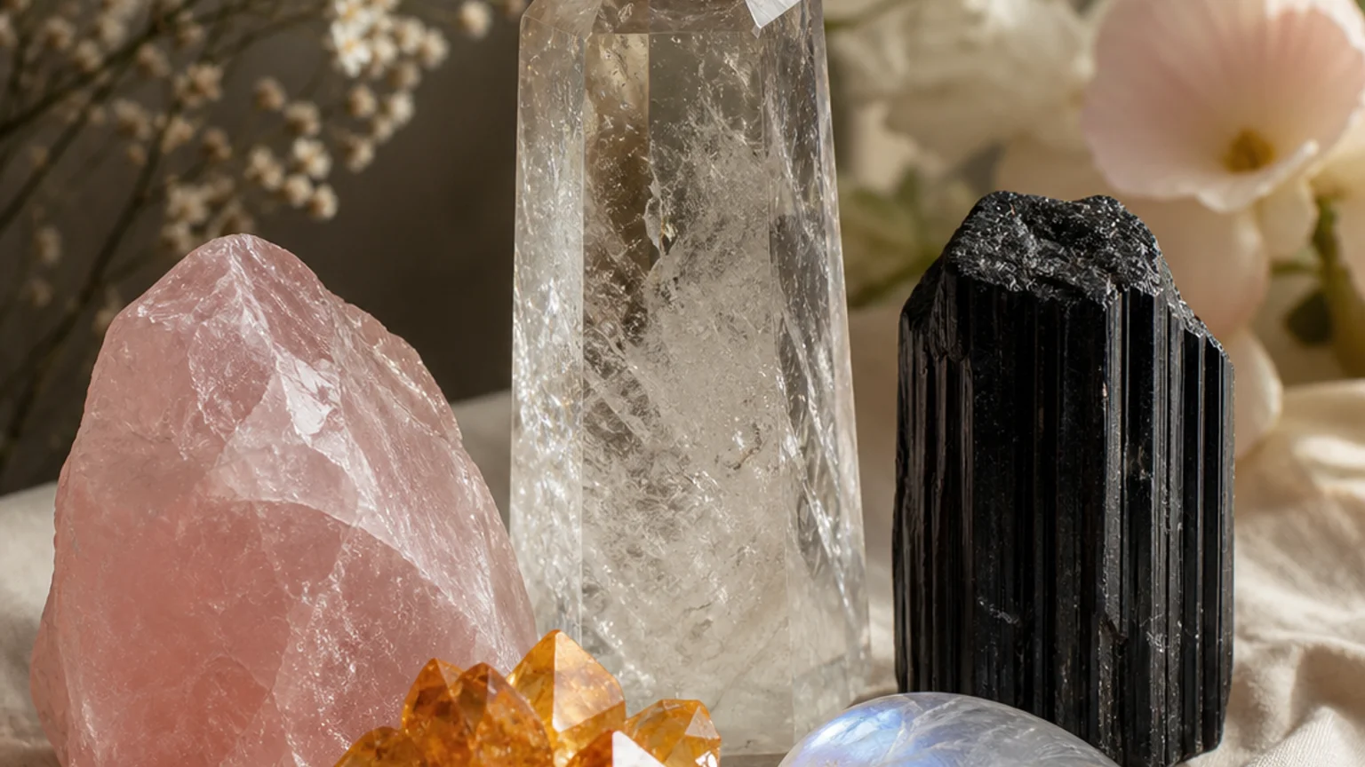 Five healing crystals for angel number 111 — Clear Quartz, Rose Quartz, Black Tourmaline, Citrine, Moonstone — arranged in a balanced sacred geometry composition on a soft cloth, warm natural light, calm muted background with subtle floral accents, editorial crystal photography, no text