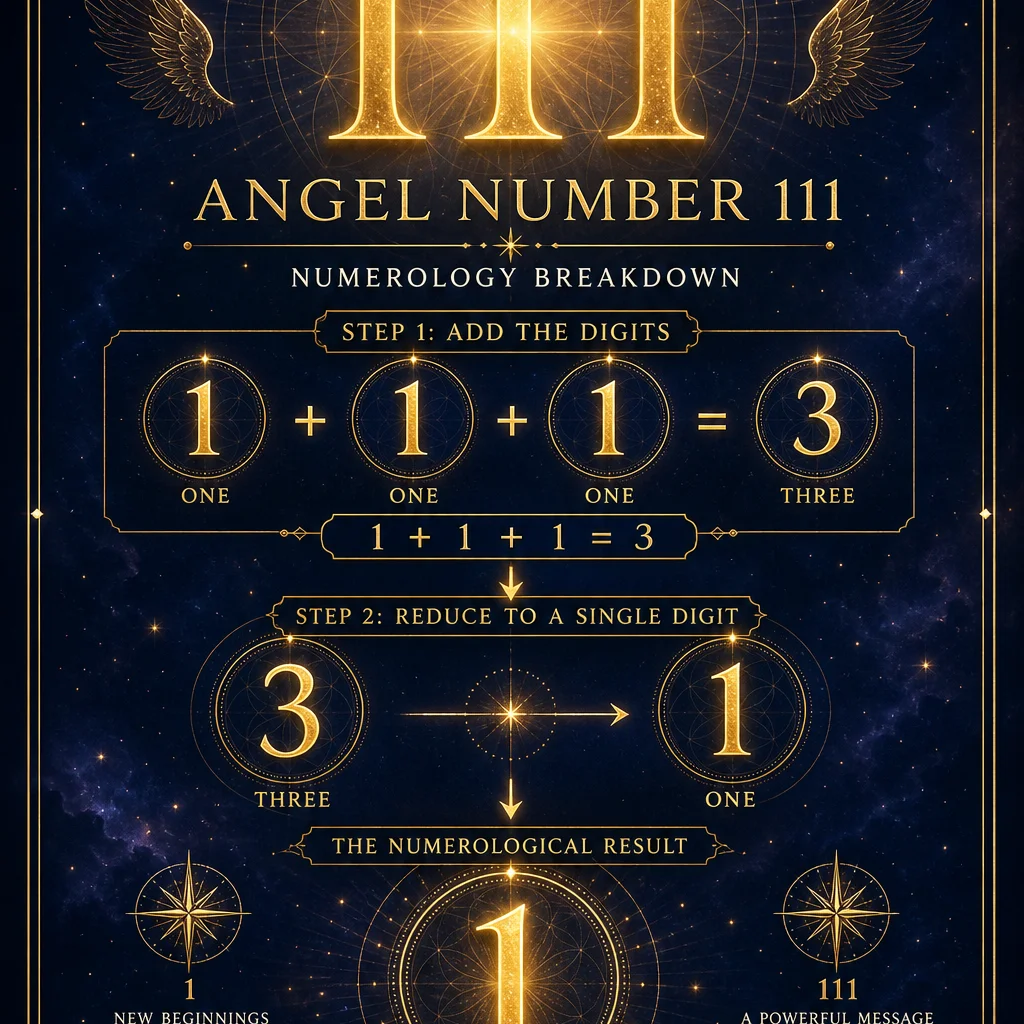 A clean numerology breakdown infographic for angel number 111: showing 1+1+1=3 reducing to the single digit 1, the number 111 displayed prominently at top in elegant golden typography with reduction steps below, minimalist sacred geometry frame, deep indigo background with gold accents, spiritual educational diagram style