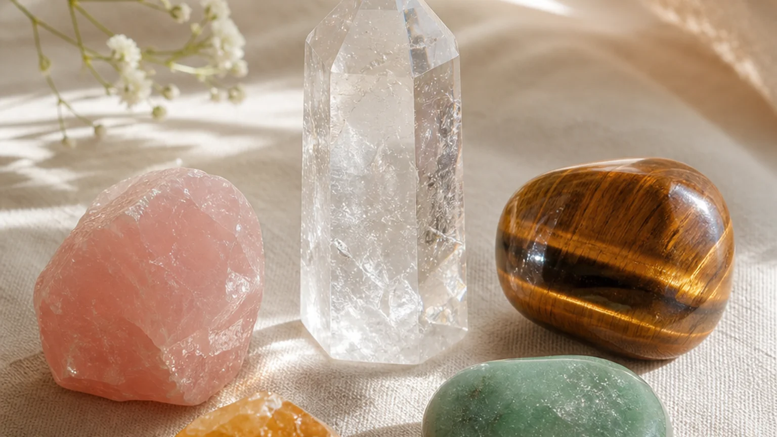 Five healing crystals for angel number 1234 — Clear Quartz, Rose Quartz, Tiger Eye, Citrine, Aventurine — arranged in a balanced sacred geometry composition on a soft cloth, warm natural light, calm muted background with subtle floral accents, editorial crystal photography, no text