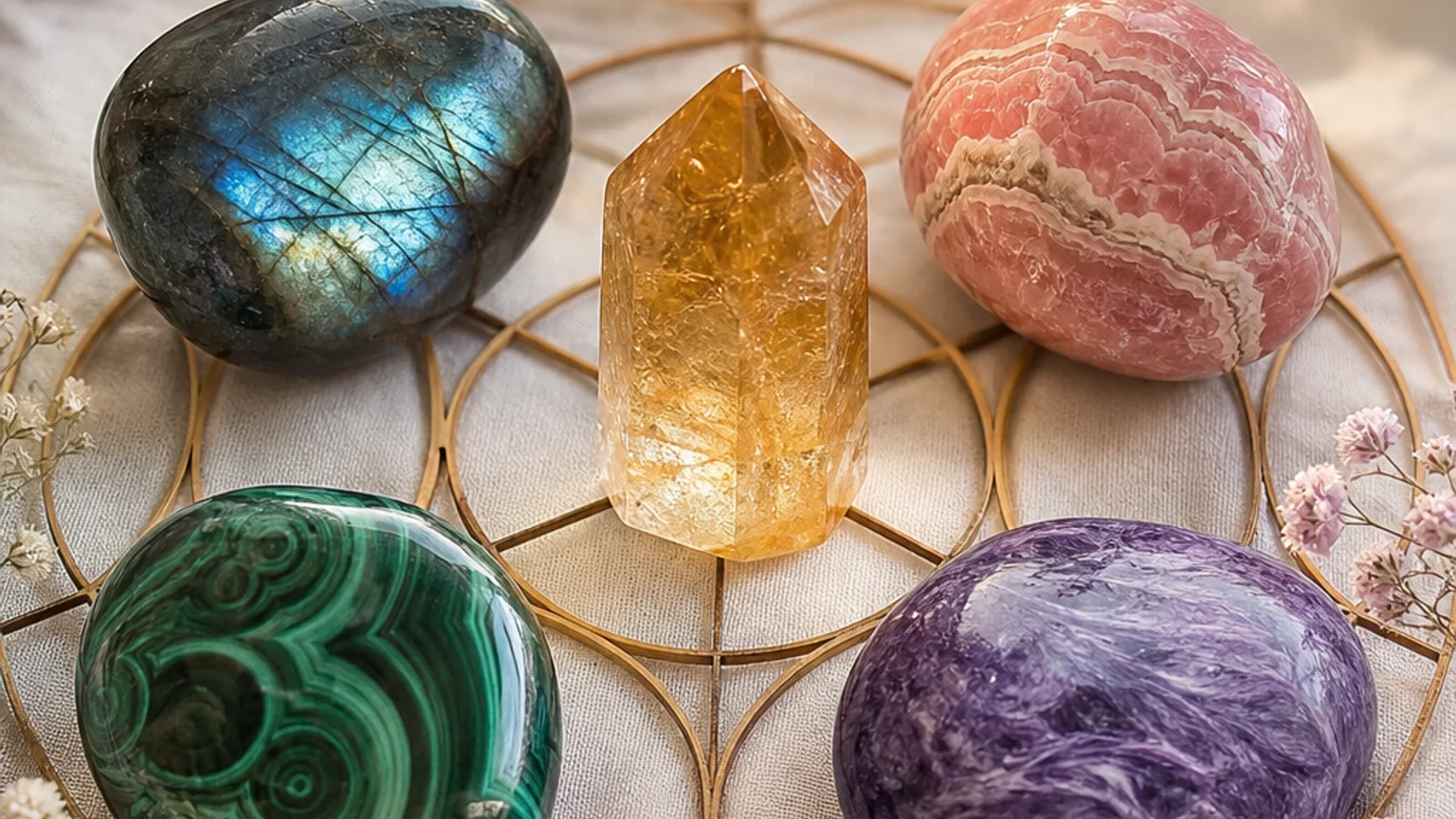 Five healing crystals for angel number 1313 — Labradorite, Rhodochrosite, Malachite, Citrine, Charoite — arranged in a balanced sacred geometry composition on a soft cloth, warm natural light, calm muted background with subtle floral accents, editorial crystal photography, no text