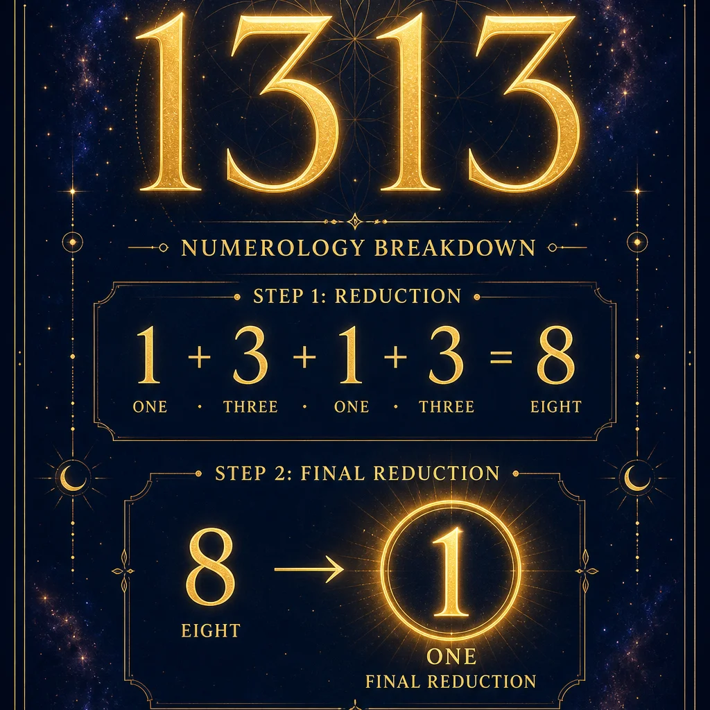 A clean numerology breakdown infographic for angel number 1313: showing 1+3+1+3=8 reducing to the single digit 1, the number 1313 displayed prominently at top in elegant golden typography with reduction steps below, minimalist sacred geometry frame, deep indigo background with gold accents, spiritual educational diagram style