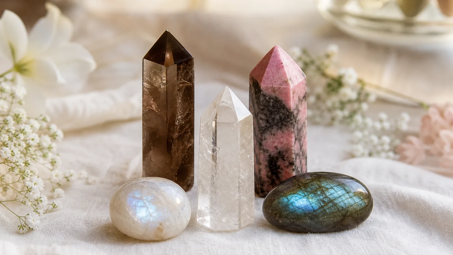 Five healing crystals for angel number 1331 — Moonstone, Rhodonite, Smoky Quartz, Clear Quartz, Labradorite — arranged in a balanced sacred geometry composition on a soft cloth, warm natural light, calm muted background with subtle floral accents, editorial crystal photography, no text