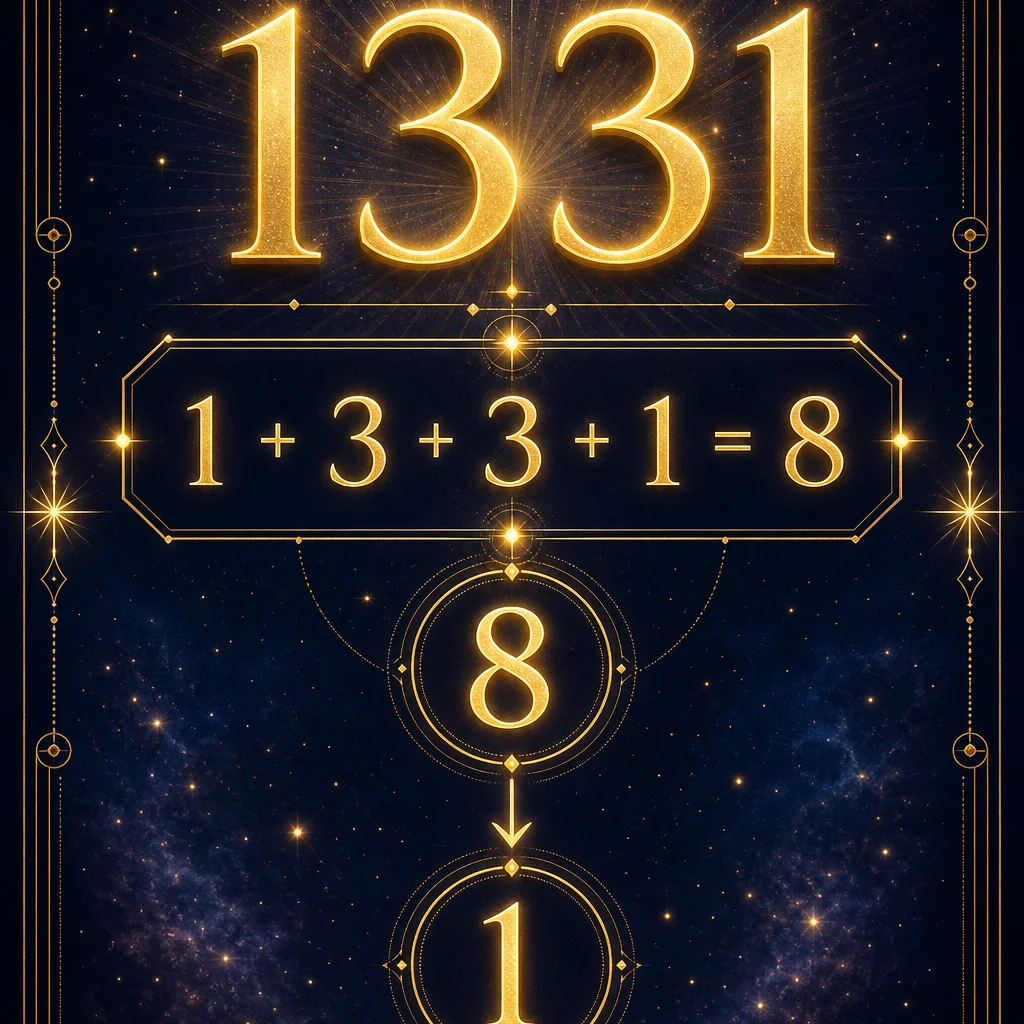 A clean numerology breakdown infographic for angel number 1331: showing 1+3+3+1=8 reducing to the single digit 1, the number 1331 displayed prominently at top in elegant golden typography with reduction steps below, minimalist sacred geometry frame, deep indigo background with gold accents, spiritual educational diagram style