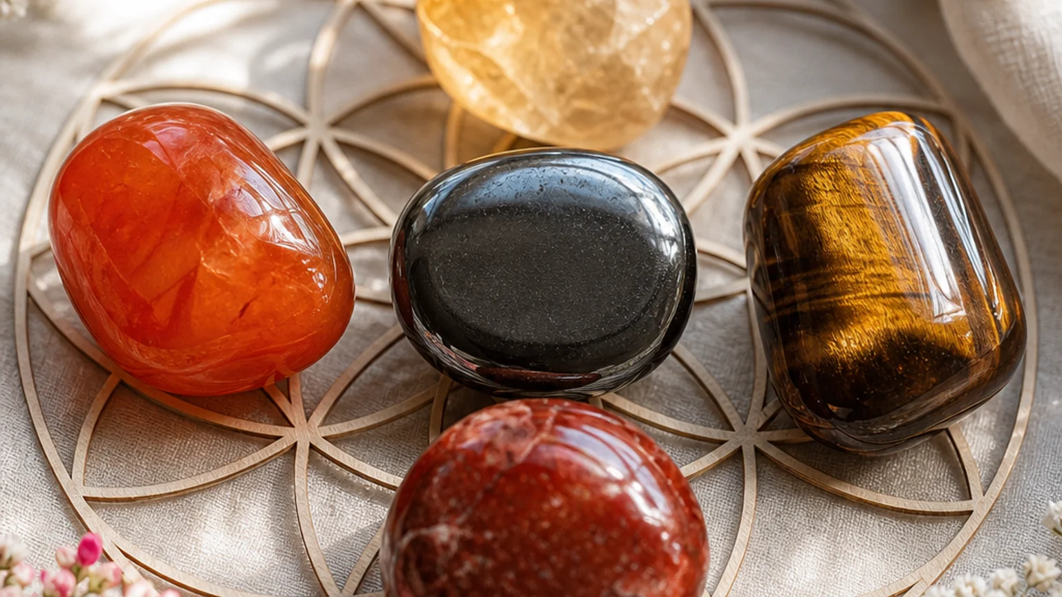 Five healing crystals for angel number 14 — Tiger Eye, Carnelian, Hematite, Citrine, Jasper — arranged in a balanced sacred geometry composition on a soft cloth, warm natural light, calm muted background with subtle floral accents, editorial crystal photography, no text