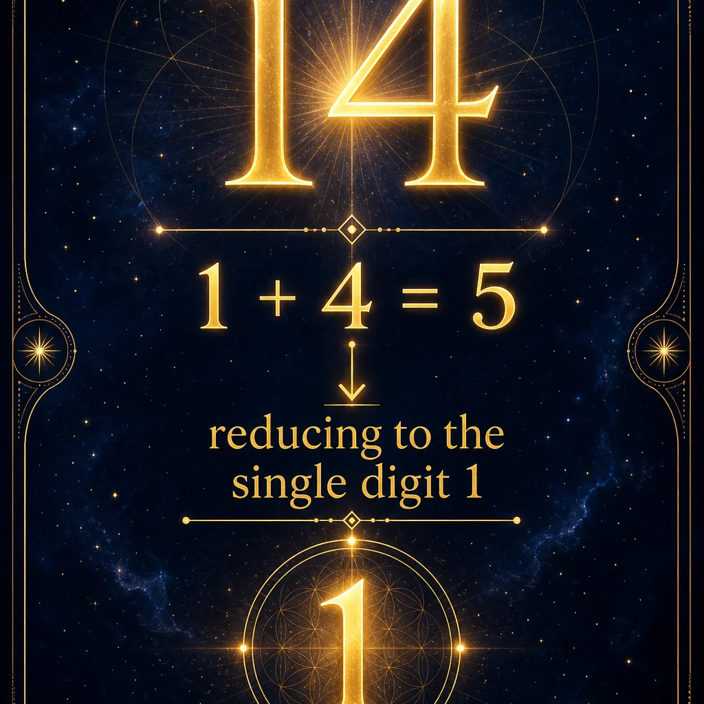 A clean numerology breakdown infographic for angel number 14: showing 1+4=5 reducing to the single digit 1, the number 14 displayed prominently at top in elegant golden typography with reduction steps below, minimalist sacred geometry frame, deep indigo background with gold accents, spiritual educational diagram style