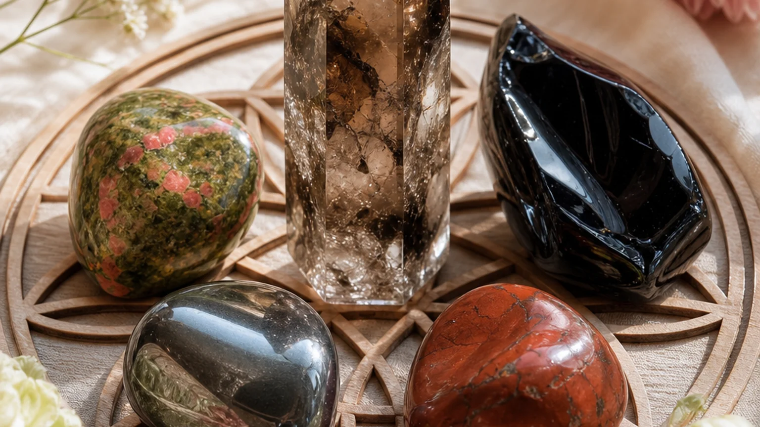 Five healing crystals for angel number 1441 — Smoky Quartz, Unakite, Obsidian, Hematite, Jasper — arranged in a balanced sacred geometry composition on a soft cloth, warm natural light, calm muted background with subtle floral accents, editorial crystal photography, no text