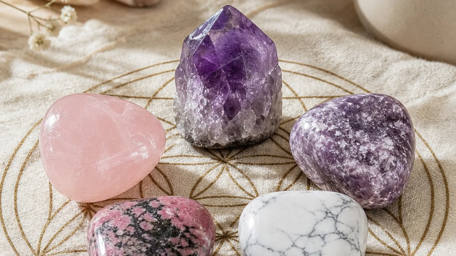 Five healing crystals for angel number 16 — Amethyst, Rose Quartz, Lepidolite, Rhodonite, Howlite — arranged in a balanced sacred geometry composition on a soft cloth, warm natural light, calm muted background with subtle floral accents, editorial crystal photography, no text