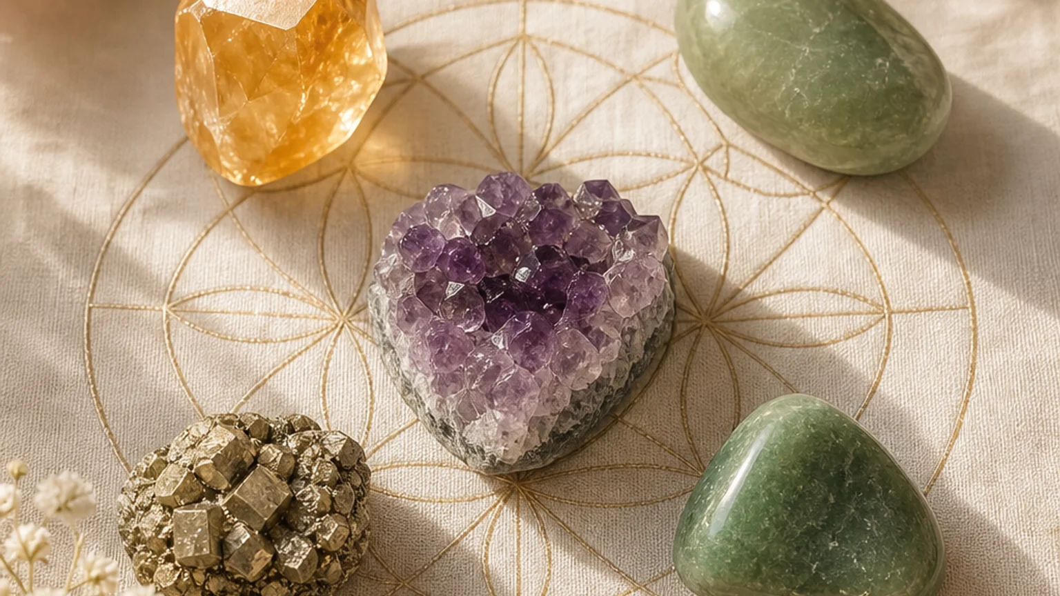 Five healing crystals for angel number 17 — Citrine, Jade, Amethyst, Pyrite, Aventurine — arranged in a balanced sacred geometry composition on a soft cloth, warm natural light, calm muted background with subtle floral accents, editorial crystal photography, no text