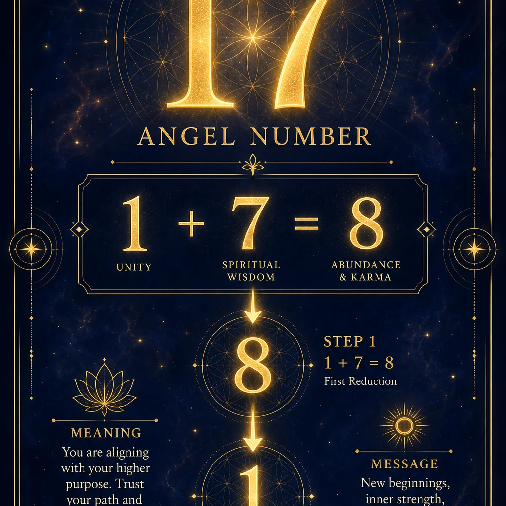 A clean numerology breakdown infographic for angel number 17: showing 1+7=8 reducing to the single digit 1, the number 17 displayed prominently at top in elegant golden typography with reduction steps below, minimalist sacred geometry frame, deep indigo background with gold accents, spiritual educational diagram style