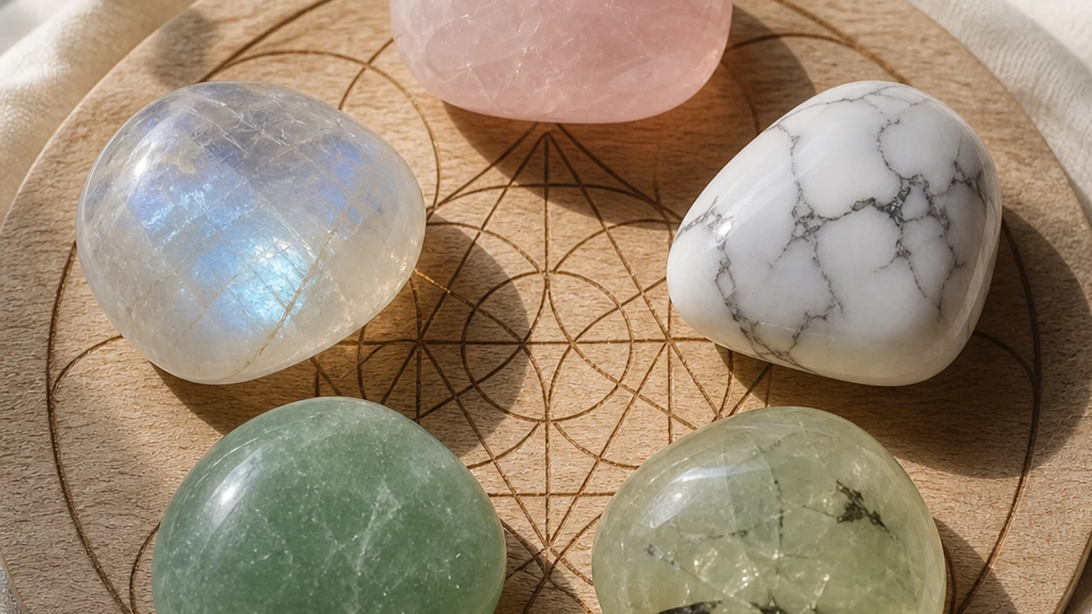 Five healing crystals for angel number 2 — Rose Quartz, Moonstone, Howlite, Aventurine, Prehnite — arranged in a balanced sacred geometry composition on a soft cloth, warm natural light, calm muted background with subtle floral accents, editorial crystal photography, no text