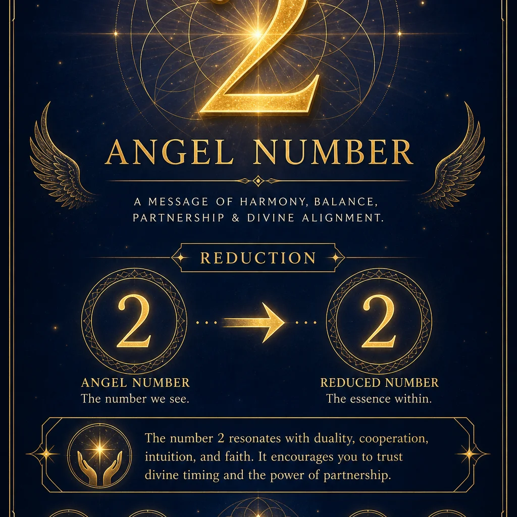 A clean numerology breakdown infographic for angel number 2: showing 2 reducing to the single digit 2, the number 2 displayed prominently at top in elegant golden typography with reduction steps below, minimalist sacred geometry frame, deep indigo background with gold accents, spiritual educational diagram style