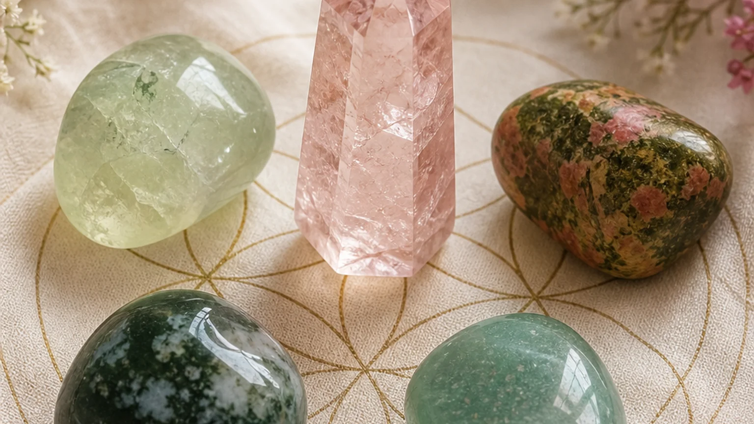 Five healing crystals for angel number 2222 — Morganite, Prehnite, Unakite, Aventurine, Moss Agate — arranged in a balanced sacred geometry composition on a soft cloth, warm natural light, calm muted background with subtle floral accents, editorial crystal photography, no text