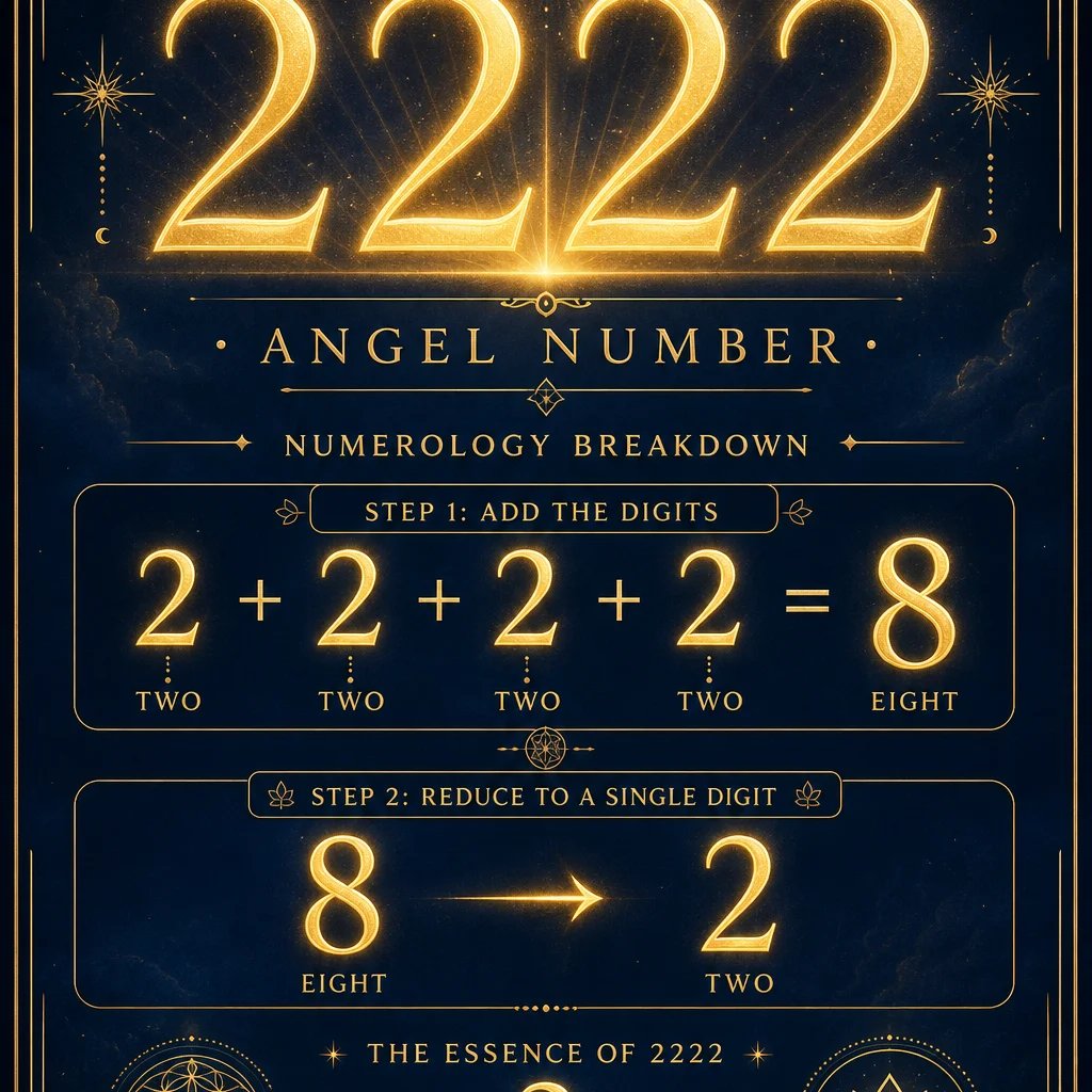 A clean numerology breakdown infographic for angel number 2222: showing 2+2+2+2=8 reducing to the single digit 2, the number 2222 displayed prominently at top in elegant golden typography with reduction steps below, minimalist sacred geometry frame, deep indigo background with gold accents, spiritual educational diagram style