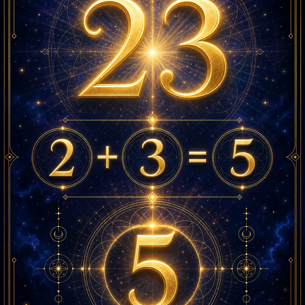 A clean numerology breakdown infographic for angel number 23: showing 2+3=5 reducing to the single digit 2, the number 23 displayed prominently at top in elegant golden typography with reduction steps below, minimalist sacred geometry frame, deep indigo background with gold accents, spiritual educational diagram style