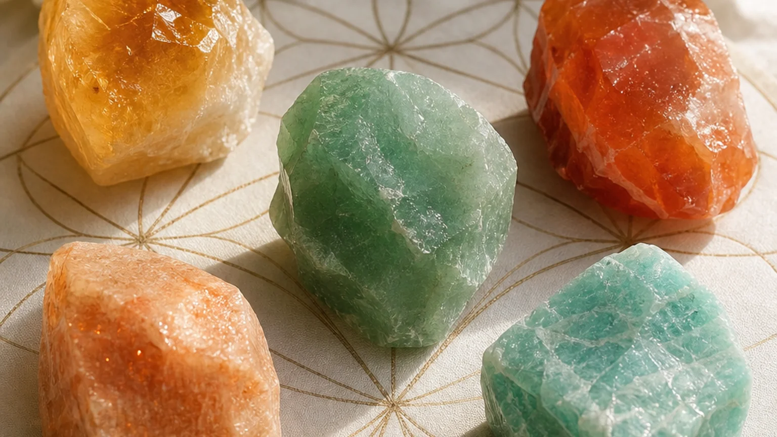 Five healing crystals for angel number 3 — Citrine, Aventurine, Carnelian, Sunstone, Amazonite — arranged in a balanced sacred geometry composition on a soft cloth, warm natural light, calm muted background with subtle floral accents, editorial crystal photography, no text