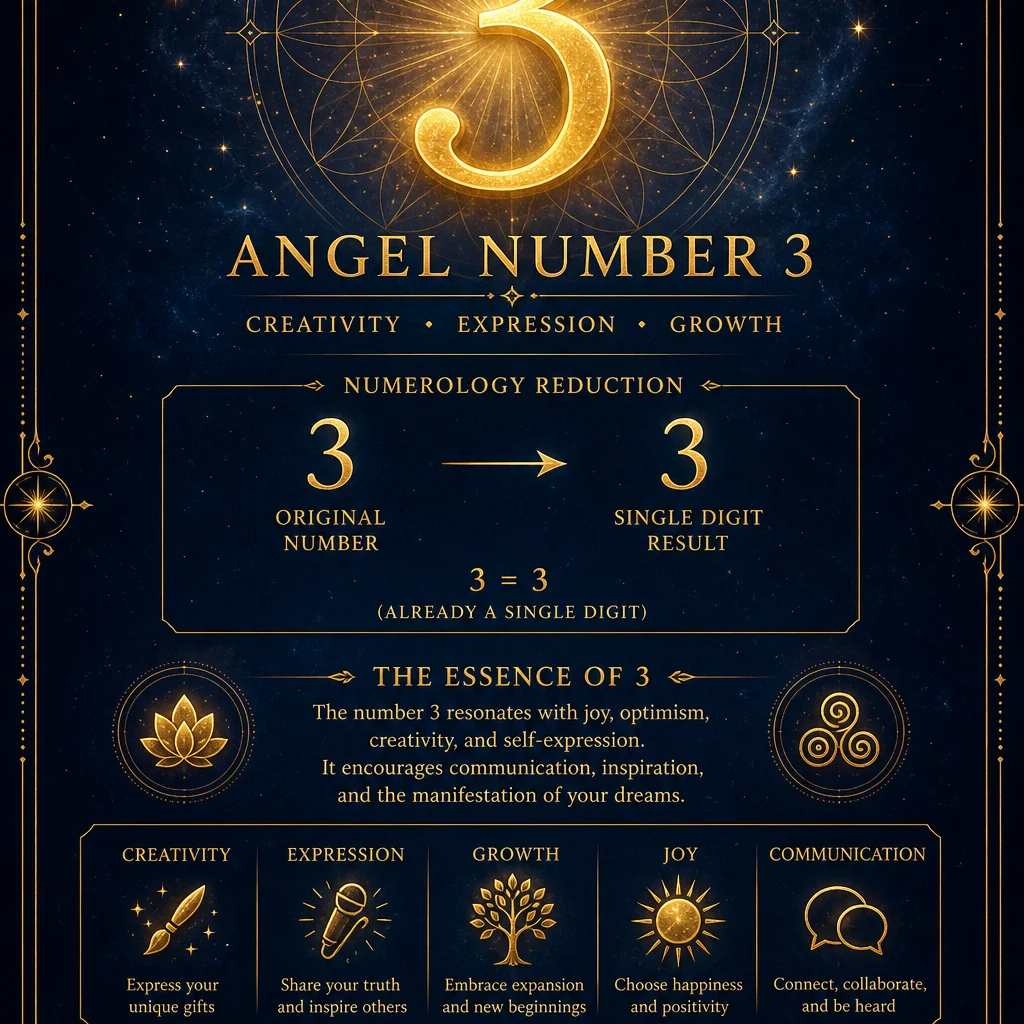 A clean numerology breakdown infographic for angel number 3: showing 3 reducing to the single digit 3, the number 3 displayed prominently at top in elegant golden typography with reduction steps below, minimalist sacred geometry frame, deep indigo background with gold accents, spiritual educational diagram style