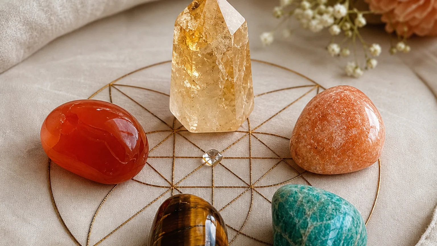 Five healing crystals for angel number 311 — Citrine, Carnelian, Tiger Eye, Sunstone, Amazonite — arranged in a balanced sacred geometry composition on a soft cloth, warm natural light, calm muted background with subtle floral accents, editorial crystal photography, no text