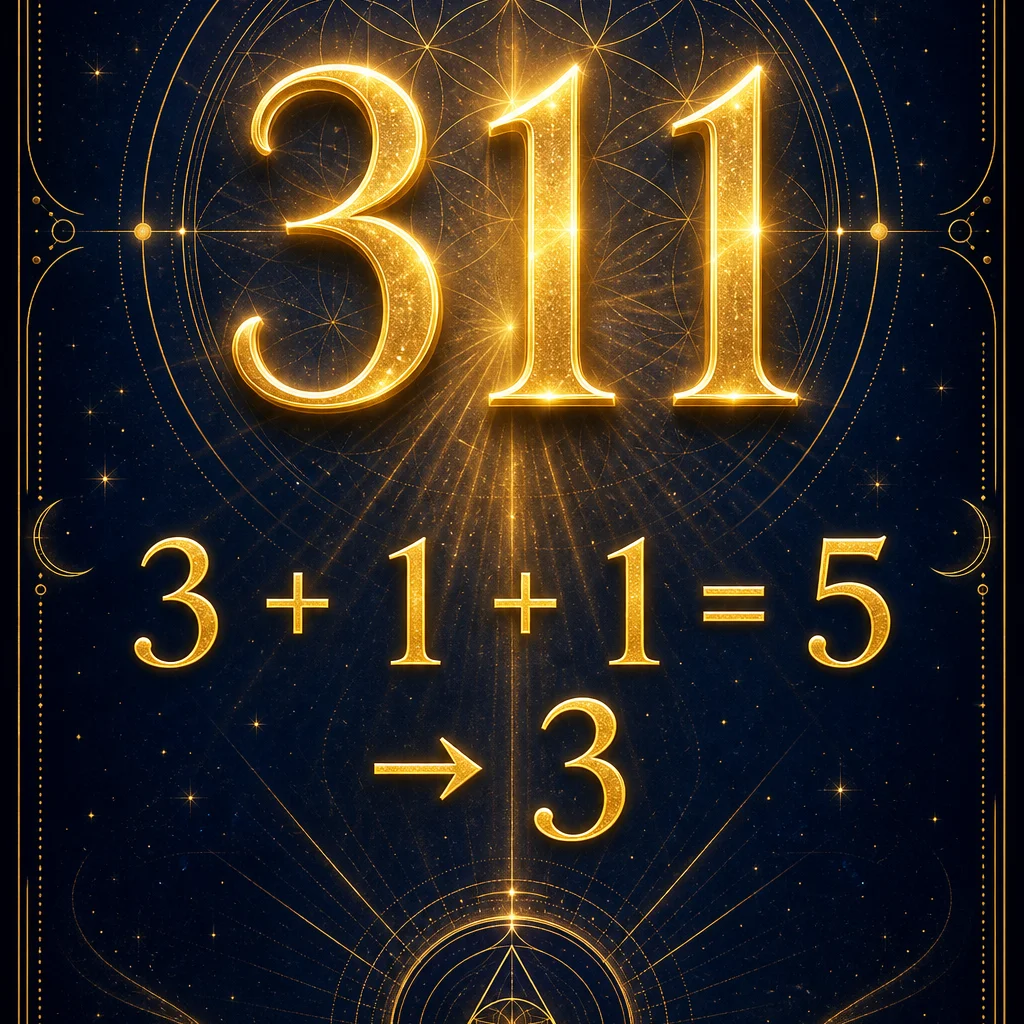 A clean numerology breakdown infographic for angel number 311: showing 3+1+1=5 reducing to the single digit 3, the number 311 displayed prominently at top in elegant golden typography with reduction steps below, minimalist sacred geometry frame, deep indigo background with gold accents, spiritual educational diagram style
