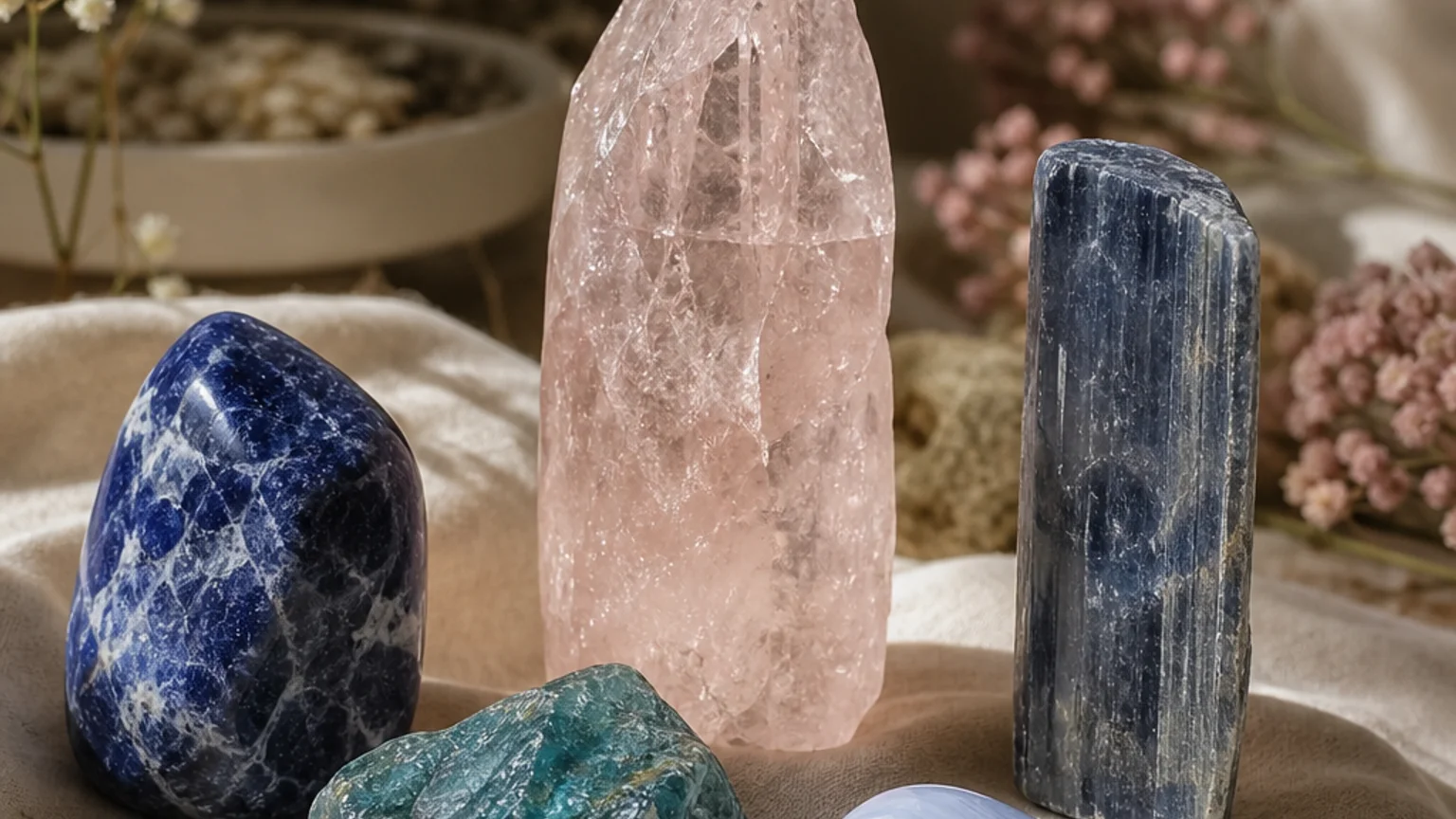 Five healing crystals for angel number 3333 — Sodalite, Morganite, Kyanite, Apatite, Blue Lace Agate — arranged in a balanced sacred geometry composition on a soft cloth, warm natural light, calm muted background with subtle floral accents, editorial crystal photography, no text