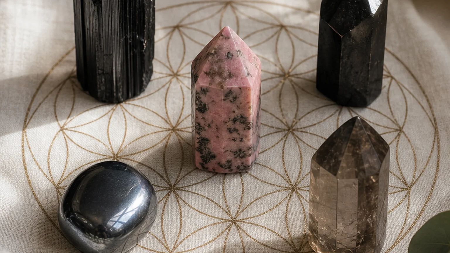 Five healing crystals for angel number 404 — Black Tourmaline, Rhodonite, Shungite, Hematite, Smoky Quartz — arranged in a balanced sacred geometry composition on a soft cloth, warm natural light, calm muted background with subtle floral accents, editorial crystal photography, no text