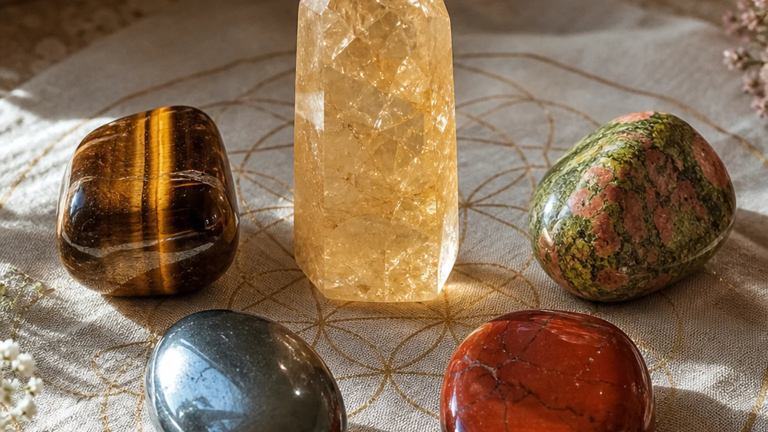 Five healing crystals for angel number 434 — Tiger Eye, Unakite, Hematite, Citrine, Jasper — arranged in a balanced sacred geometry composition on a soft cloth, warm natural light, calm muted background with subtle floral accents, editorial crystal photography, no text