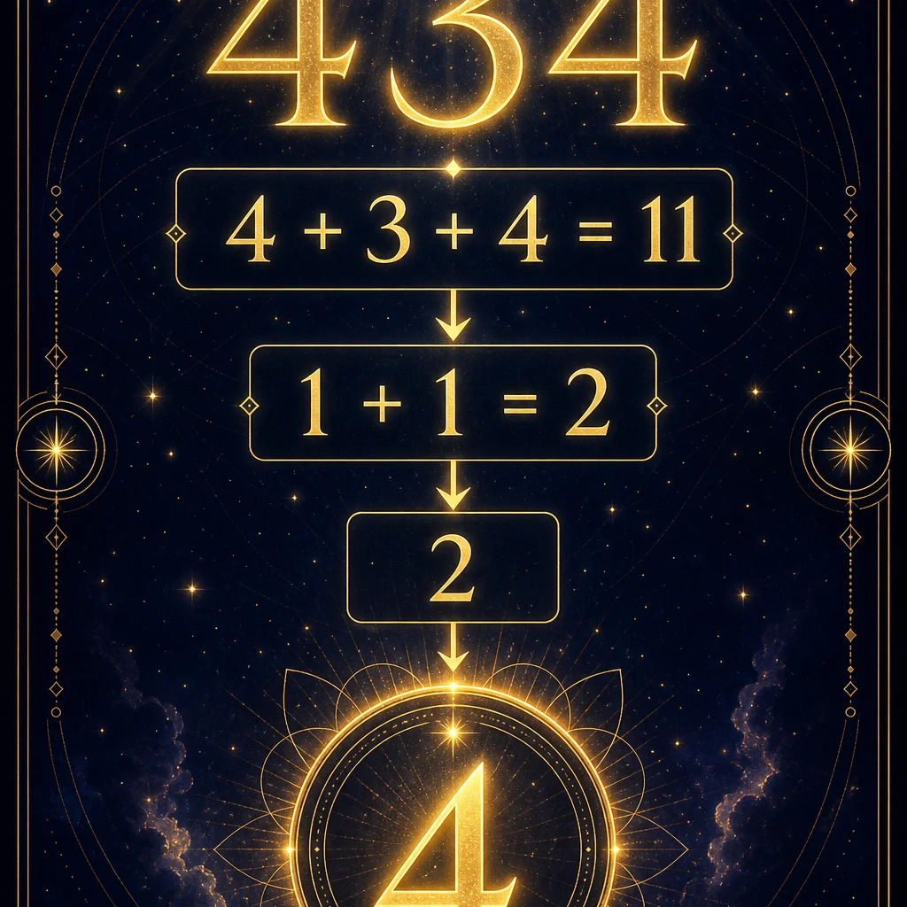 A clean numerology breakdown infographic for angel number 434: showing 4+3+4=11 reducing to the single digit 4, the number 434 displayed prominently at top in elegant golden typography with reduction steps below, minimalist sacred geometry frame, deep indigo background with gold accents, spiritual educational diagram style