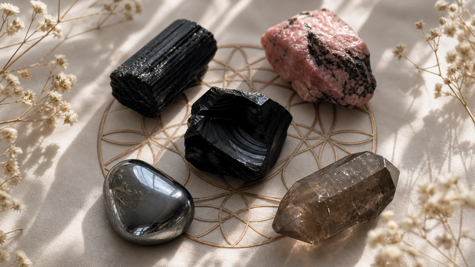 Five healing crystals for angel number 444 — Black Tourmaline, Rhodonite, Obsidian, Hematite, Smoky Quartz — arranged in a balanced sacred geometry composition on a soft cloth, warm natural light, calm muted background with subtle floral accents, editorial crystal photography, no text
