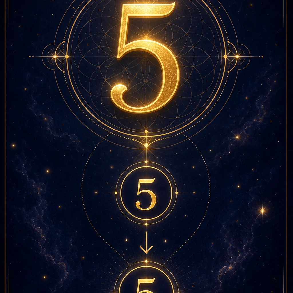 A clean numerology breakdown infographic for angel number 5: showing 5 reducing to the single digit 5, the number 5 displayed prominently at top in elegant golden typography with reduction steps below, minimalist sacred geometry frame, deep indigo background with gold accents, spiritual educational diagram style