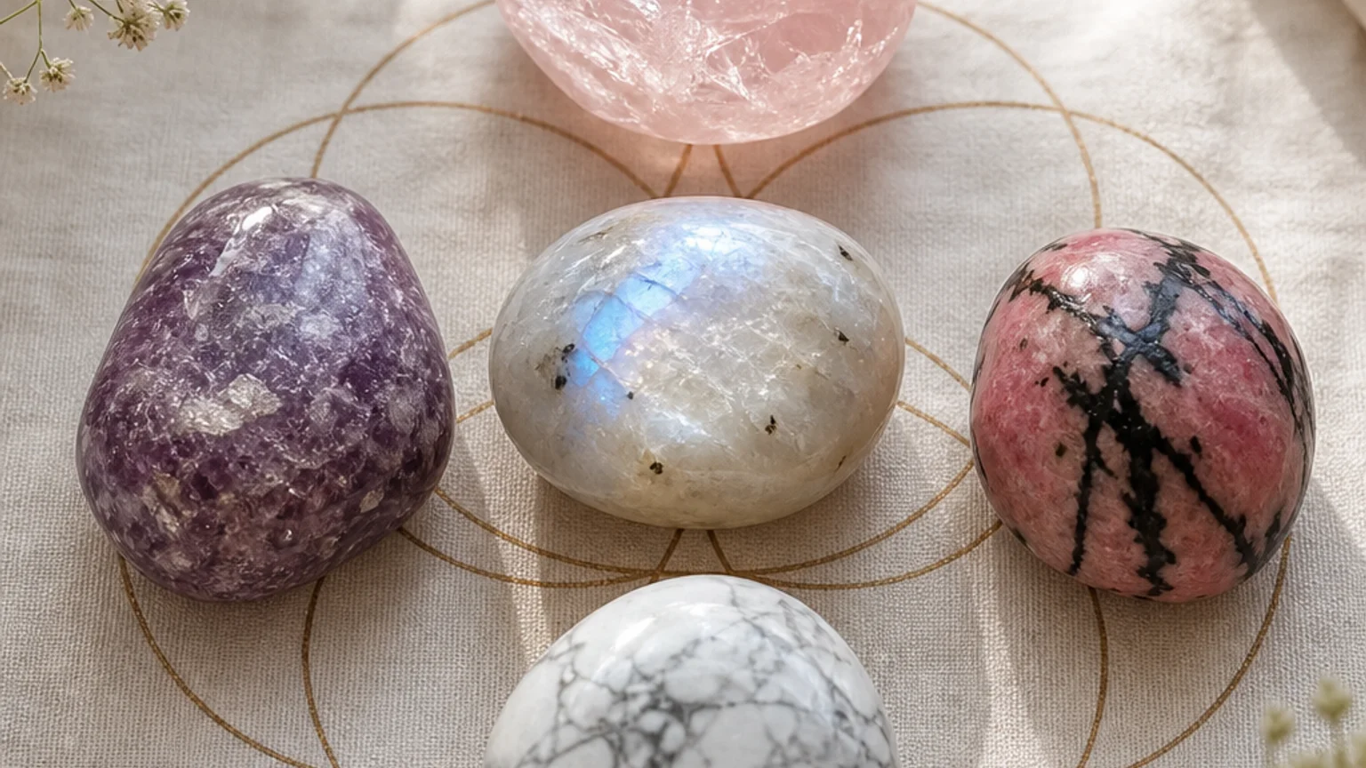 Five healing crystals for angel number 522 — Rose Quartz, Moonstone, Lepidolite, Rhodonite, Howlite — arranged in a balanced sacred geometry composition on a soft cloth, warm natural light, calm muted background with subtle floral accents, editorial crystal photography, no text
