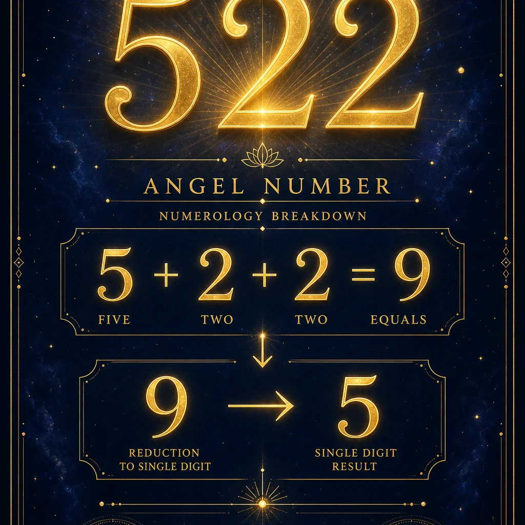 A clean numerology breakdown infographic for angel number 522: showing 5+2+2=9 reducing to the single digit 5, the number 522 displayed prominently at top in elegant golden typography with reduction steps below, minimalist sacred geometry frame, deep indigo background with gold accents, spiritual educational diagram style