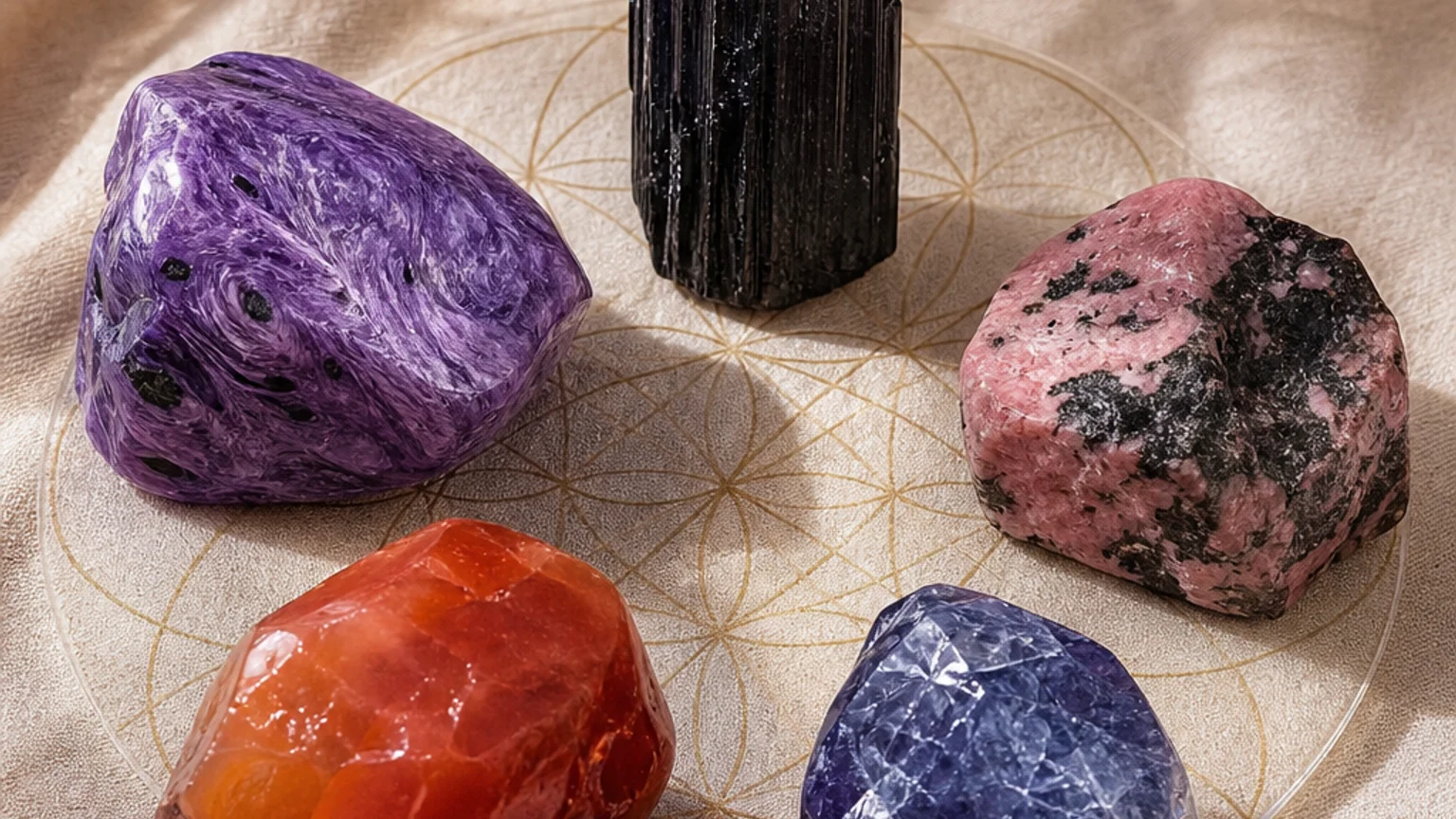 Five healing crystals for angel number 5555 — Charoite, Rhodonite, Black Tourmaline, Carnelian, Iolite — arranged in a balanced sacred geometry composition on a soft cloth, warm natural light, calm muted background with subtle floral accents, editorial crystal photography, no text