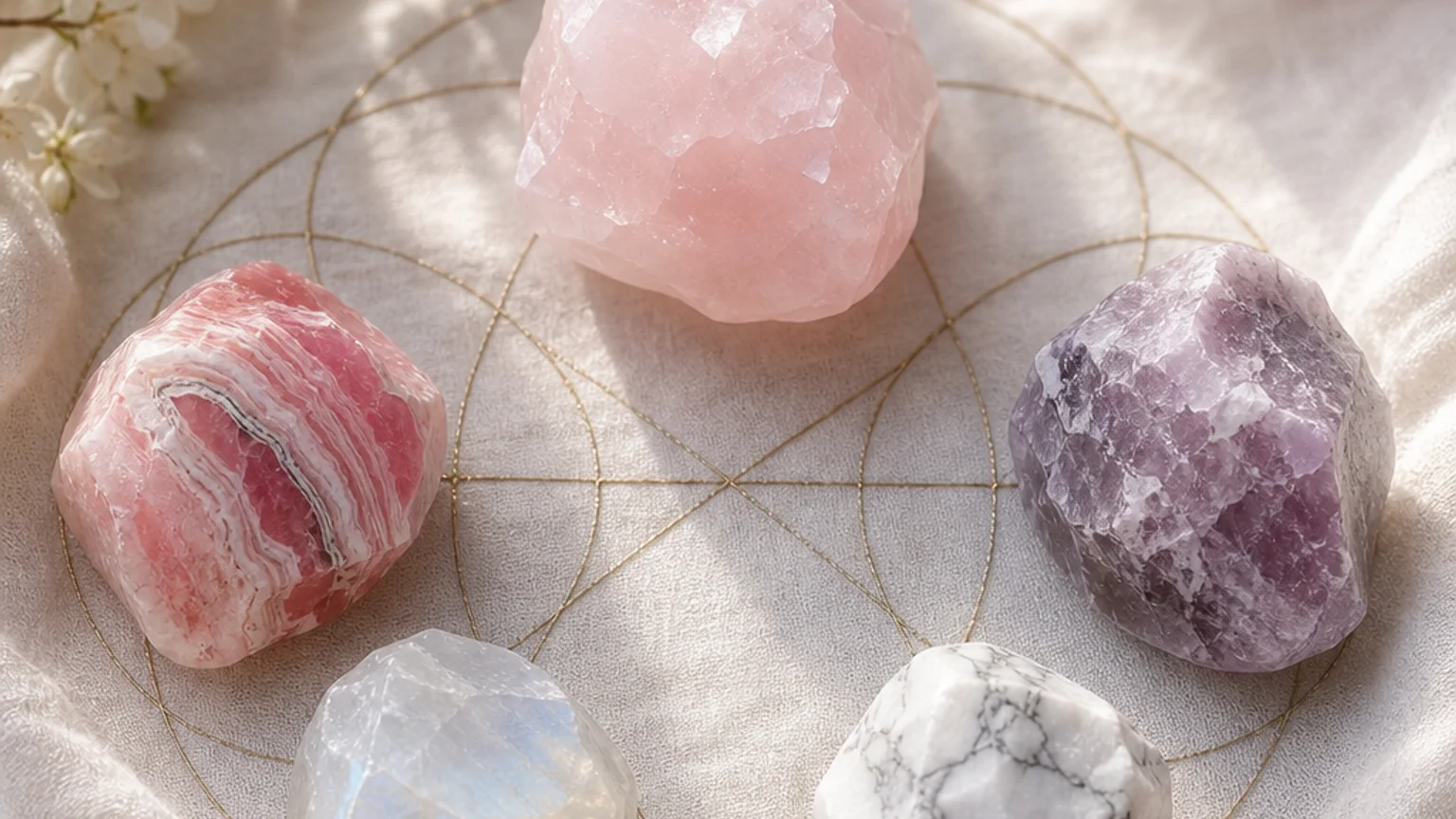 Five healing crystals for angel number 606 — Rose Quartz, Rhodochrosite, Lepidolite, Moonstone, Howlite — arranged in a balanced sacred geometry composition on a soft cloth, warm natural light, calm muted background with subtle floral accents, editorial crystal photography, no text
