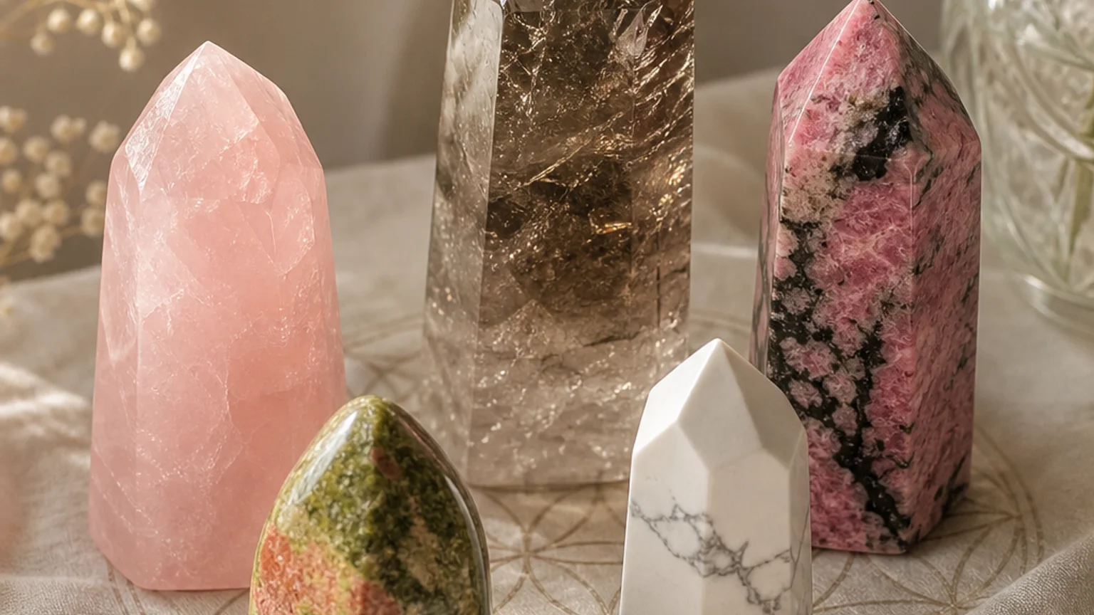 Five healing crystals for angel number 646 — Rose Quartz, Rhodonite, Smoky Quartz, Unakite, Howlite — arranged in a balanced sacred geometry composition on a soft cloth, warm natural light, calm muted background with subtle floral accents, editorial crystal photography, no text