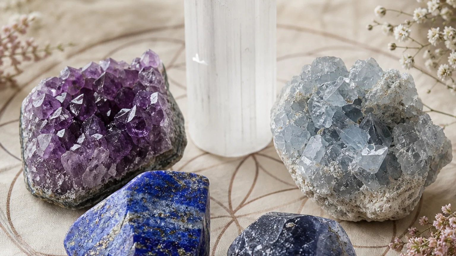 Five healing crystals for angel number 707 — Amethyst, Iolite, Lapis Lazuli, Selenite, Celestite — arranged in a balanced sacred geometry composition on a soft cloth, warm natural light, calm muted background with subtle floral accents, editorial crystal photography, no text
