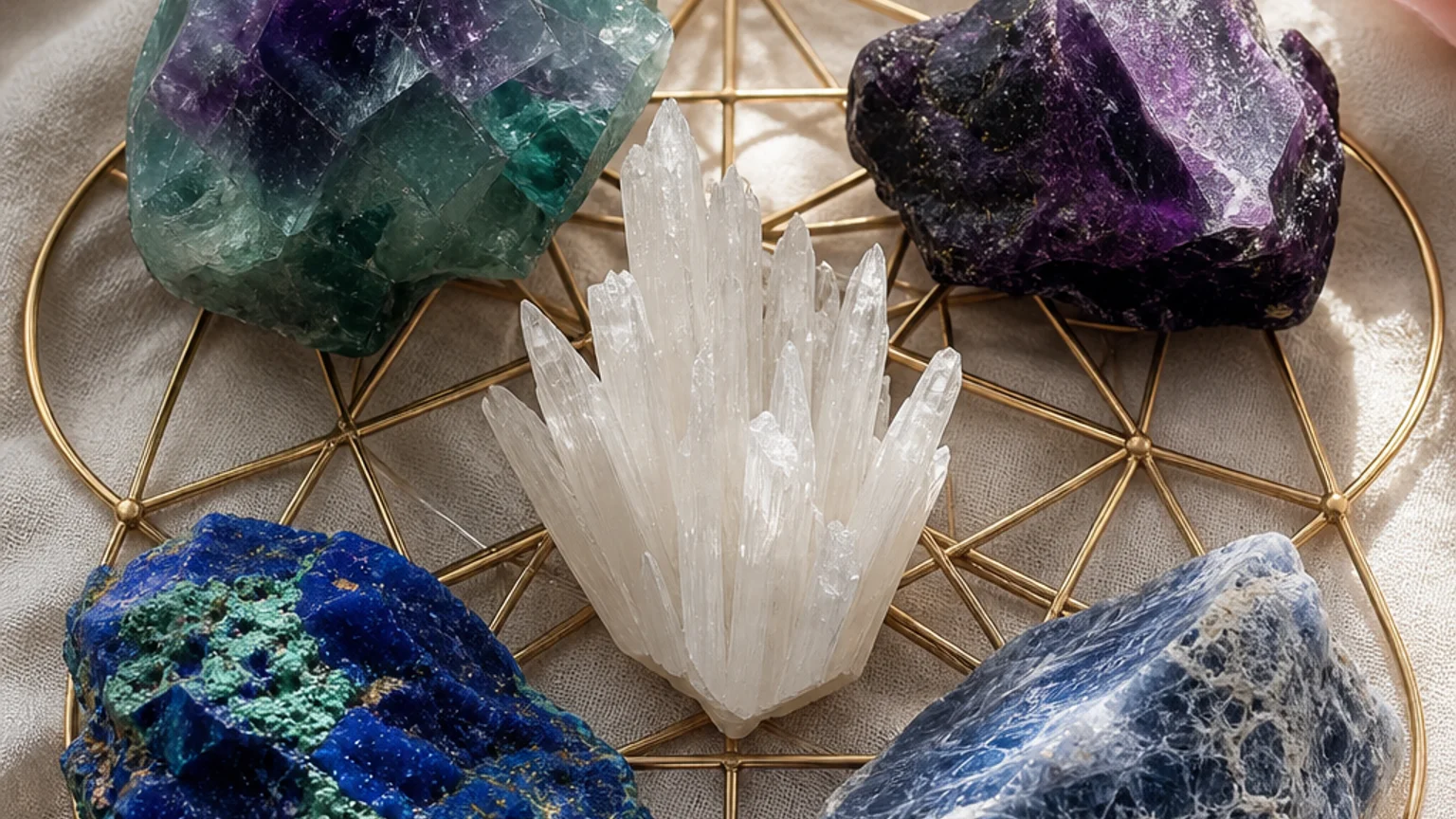 Five healing crystals for angel number 77 — Fluorite, Sugilite, Scolecite, Azurite, Dumortierite — arranged in a balanced sacred geometry composition on a soft cloth, warm natural light, calm muted background with subtle floral accents, editorial crystal photography, no text