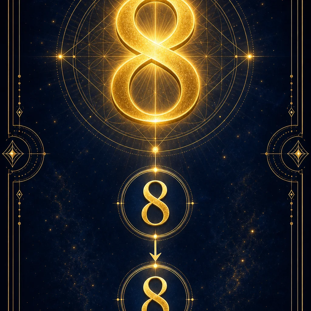 A clean numerology breakdown infographic for angel number 8: showing 8 reducing to the single digit 8, the number 8 displayed prominently at top in elegant golden typography with reduction steps below, minimalist sacred geometry frame, deep indigo background with gold accents, spiritual educational diagram style