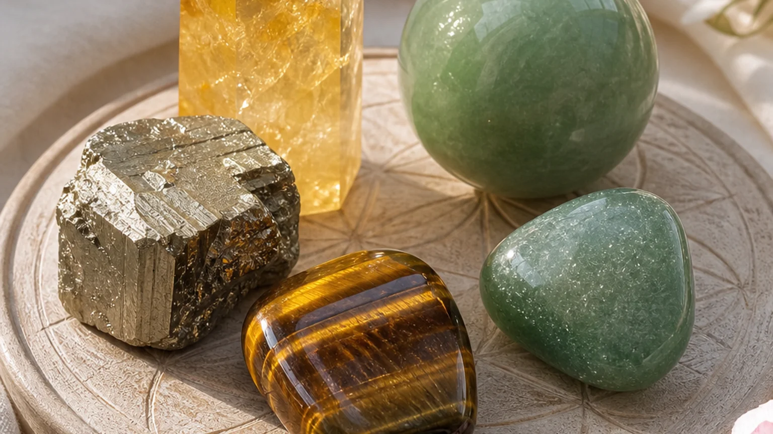 Five healing crystals for angel number 818 — Citrine, Jade, Pyrite, Tiger Eye, Aventurine — arranged in a balanced sacred geometry composition on a soft cloth, warm natural light, calm muted background with subtle floral accents, editorial crystal photography, no text