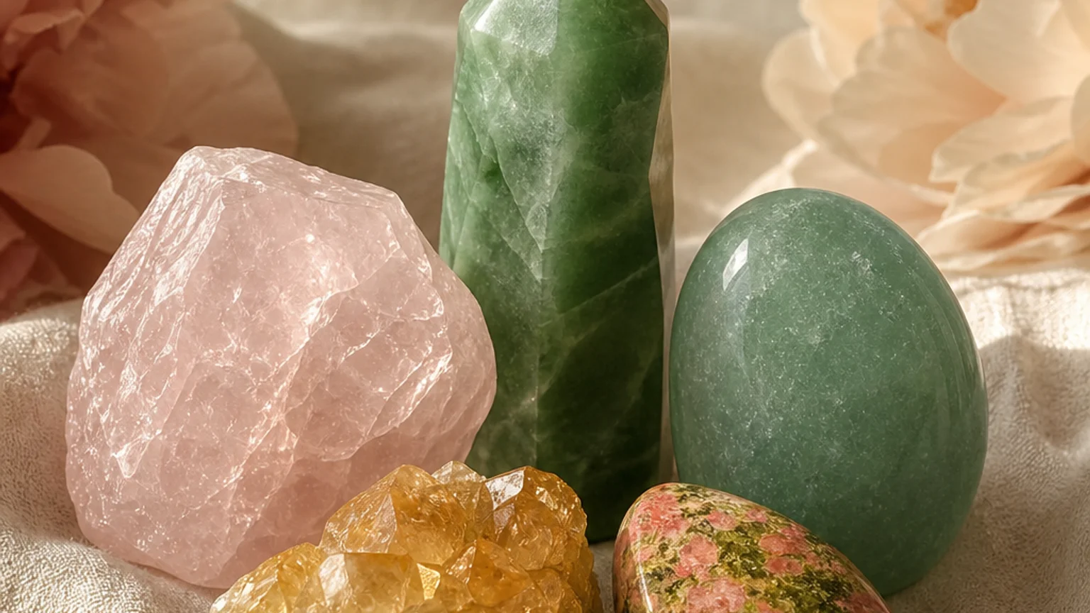 Five healing crystals for angel number 826 — Jade, Rose Quartz, Aventurine, Citrine, Unakite — arranged in a balanced sacred geometry composition on a soft cloth, warm natural light, calm muted background with subtle floral accents, editorial crystal photography, no text