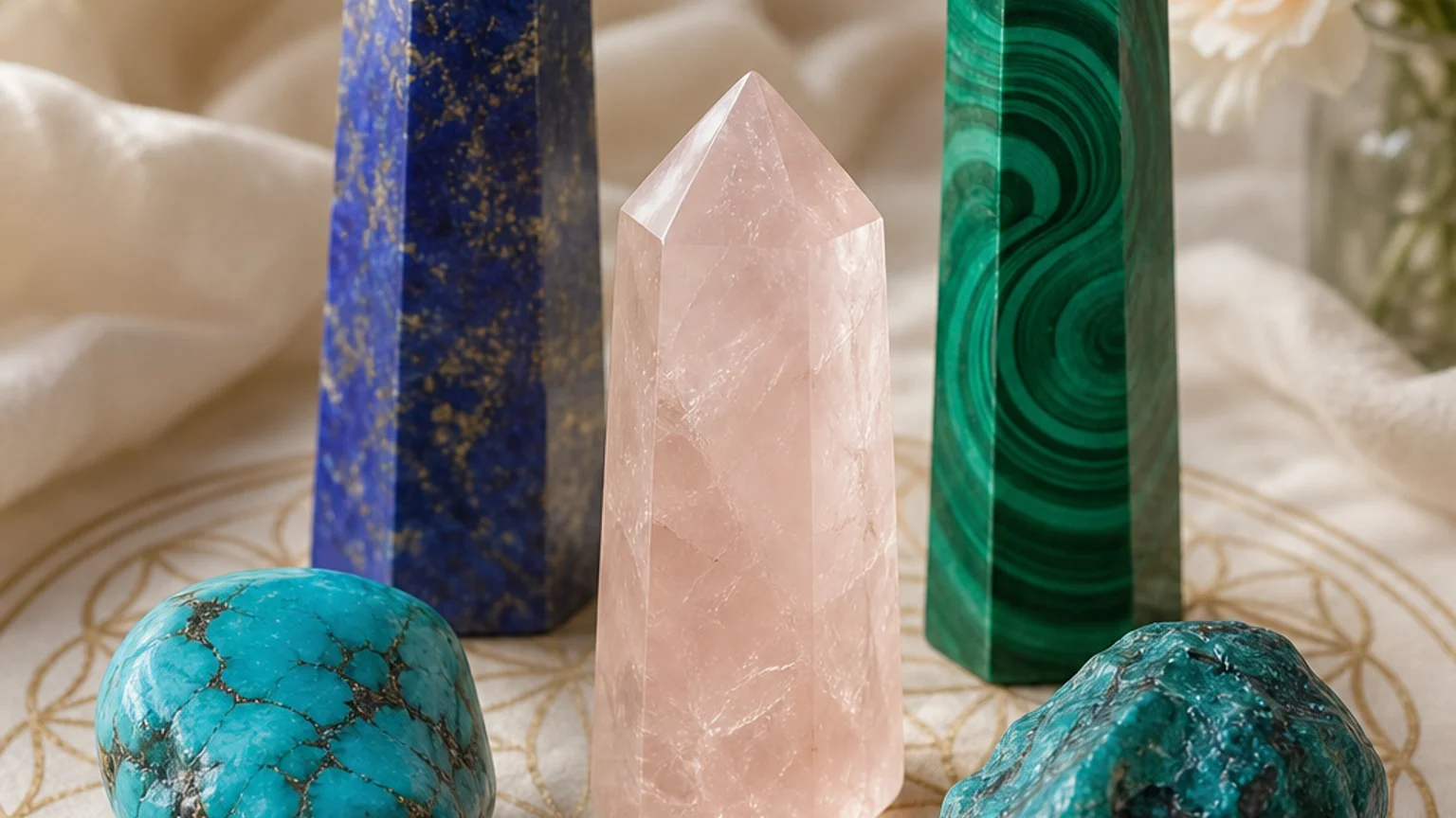 Five healing crystals for angel number 9 — Lapis Lazuli, Morganite, Malachite, Turquoise, Chrysocolla — arranged in a balanced sacred geometry composition on a soft cloth, warm natural light, calm muted background with subtle floral accents, editorial crystal photography, no text