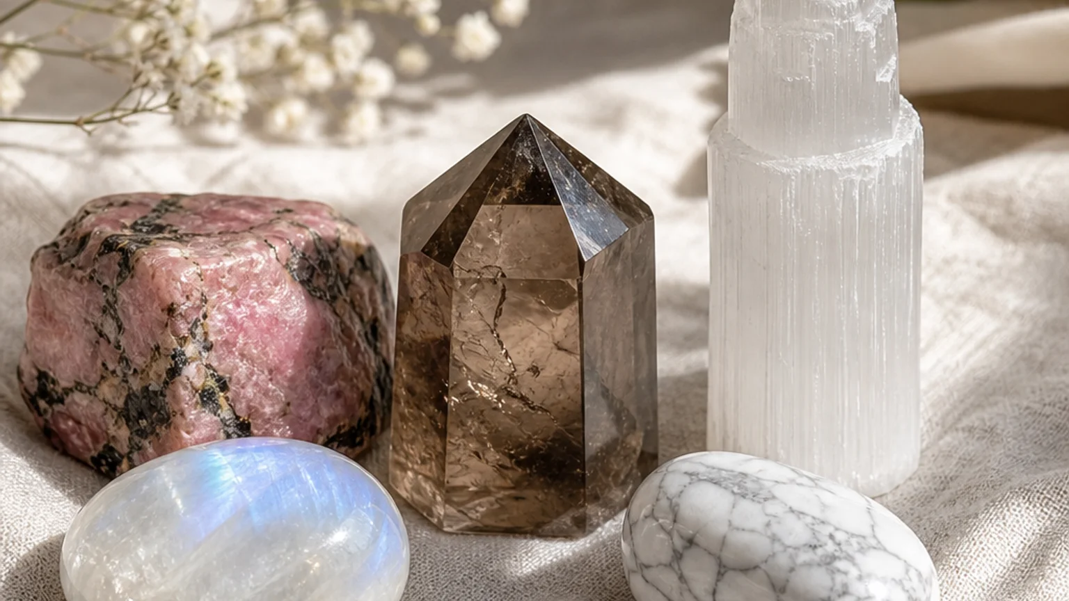 909 Angel Number Meaning: Love, Money & Crystals 3 Five healing crystals for angel number 909 — Moonstone, Rhodonite, Smoky Quartz, Selenite, Howlite — arranged in a balanced sacred geometry composition on a soft cloth, warm natural light, calm muted background with subtle floral accents, editorial crystal photography, no text
