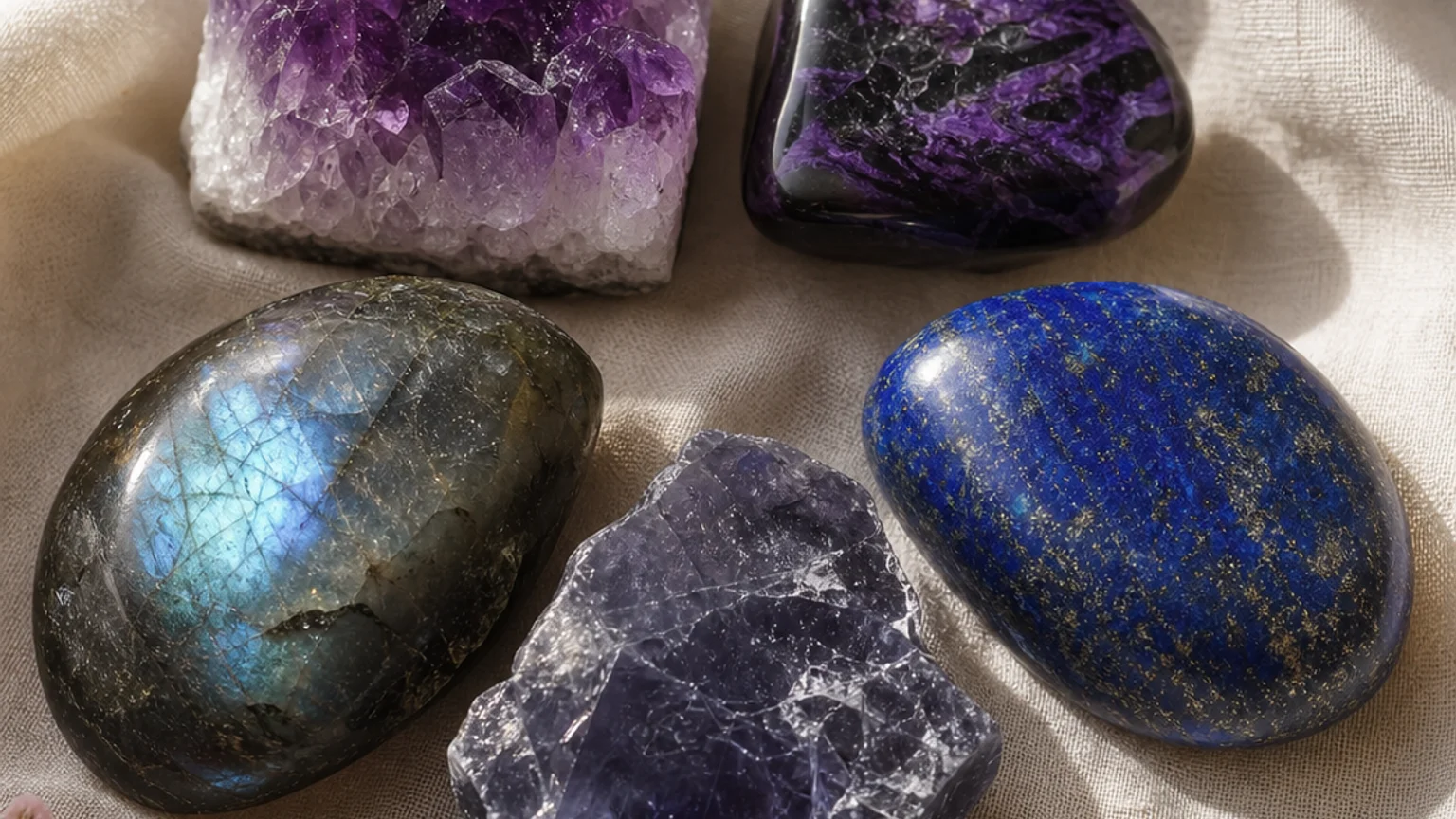 Five healing crystals for angel number 911 — Amethyst, Sugilite, Labradorite, Lapis Lazuli, Iolite — arranged in a balanced sacred geometry composition on a soft cloth, warm natural light, calm muted background with subtle floral accents, editorial crystal photography, no text