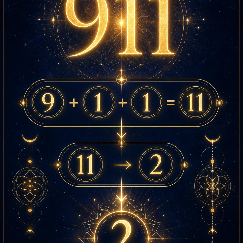 A clean numerology breakdown infographic for angel number 911: showing 9+1+1=11 reducing to the single digit 9, the number 911 displayed prominently at top in elegant golden typography with reduction steps below, minimalist sacred geometry frame, deep indigo background with gold accents, spiritual educational diagram style